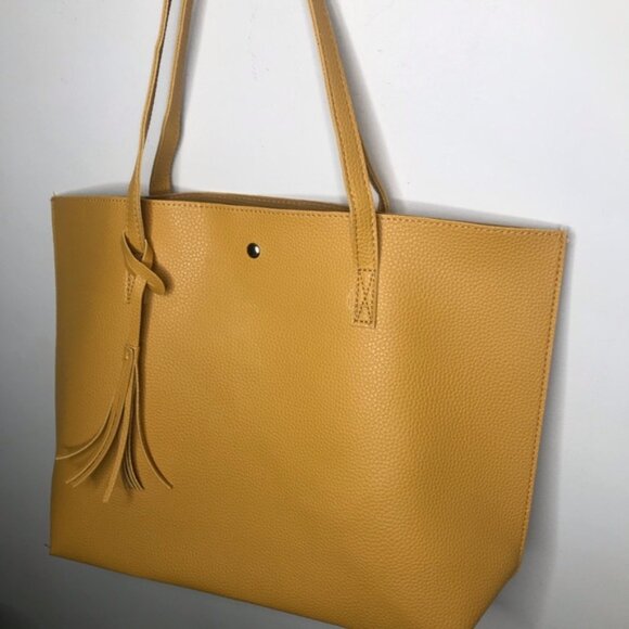 Mustard Pebble Yellow Shoulder Handbag Tote w/ Tassel - Picture 4 of 7